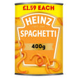 A 400g can of Heinz Spaghetti Freshly Made Pasta in a Juicy Tomato Sauce, priced at £1.59 each, features a yellow and orange label with spaghetti graphics.
