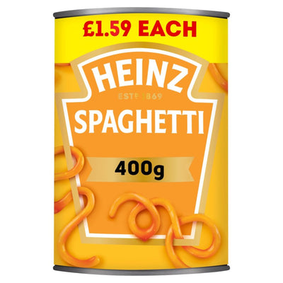 A 400g can of Heinz Spaghetti Freshly Made Pasta in a Juicy Tomato Sauce, priced at £1.59 each, features a yellow and orange label with spaghetti graphics.