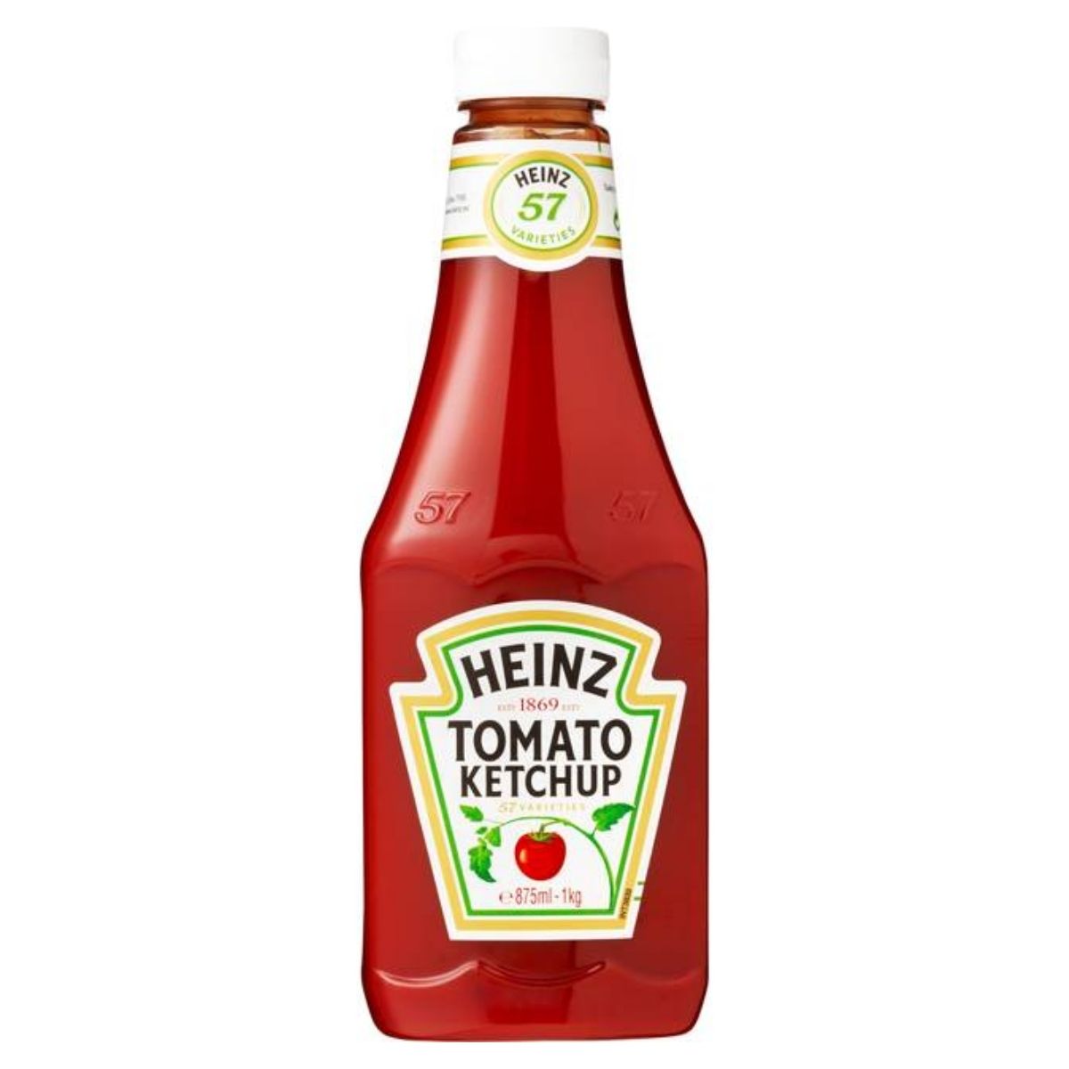 This Heinz Tomato Ketchup 1kg bottle sports a white cap and green label, showcasing "57 Varieties" next to a vivid red tomato design, highlighting ripe tomatoes as the main ingredient.