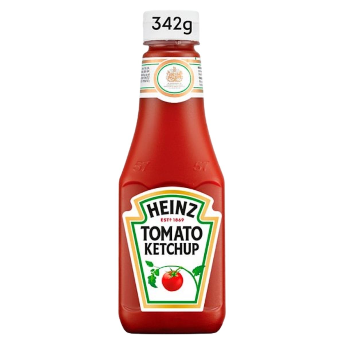 A 342g bottle of Heinz Tomato Ketchup, the classic table sauce from Heinz, featuring a white cap and label with the brand name and a tomato image.