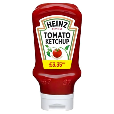 The Heinz Tomato Ketchup 460g plastic bottle features a £3.35 label and tomato illustration, showcasing the classic tangy flavour against a white background.