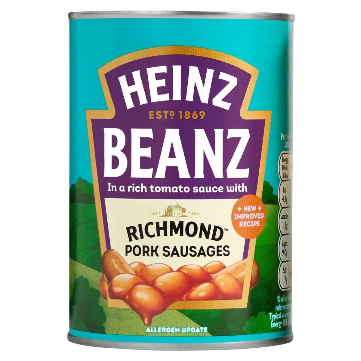 Introducing Heinz Beans - Richmond Pork Sausages in tomato sauce, featuring an updated recipe. This hearty 415g meal is ideal for those seeking a satisfying and delicious experience.