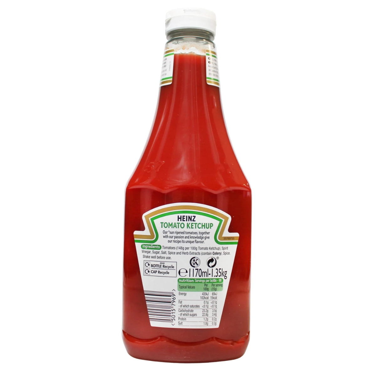 A bottle of Heinz Tomato Ketchup shown from the back, displaying the white label with green and red branding and product details, set against a plain white background.