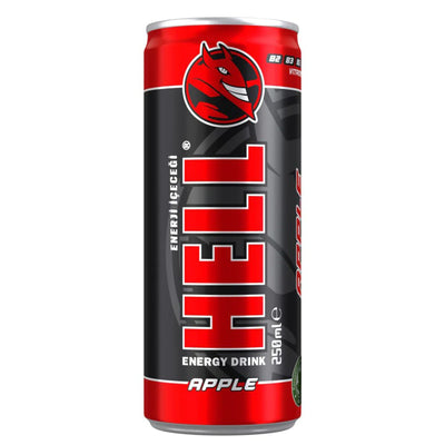 A 250ml can of Hell - Apple Flavoured Energy Drink from Hell, featuring a red and black design with a bold "HELL" logo and devil graphic.