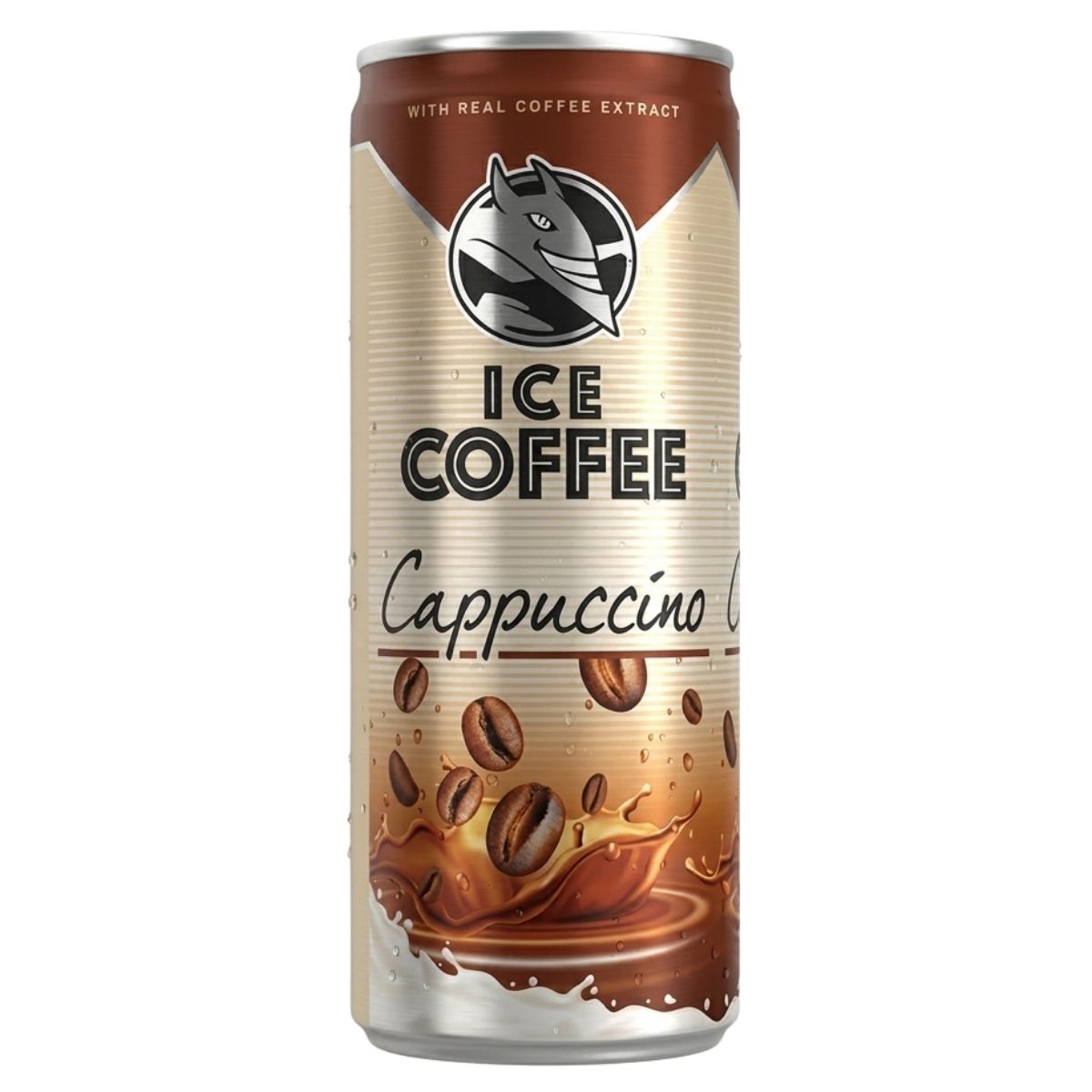 A 250ml can of Hell Cappuccino Ice Coffee features coffee beans and splash graphics on the front, with a silver and brown color scheme.