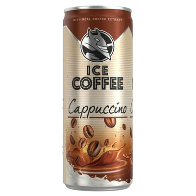 A 250ml can of Hell Cappuccino Ice Coffee features coffee beans and splash graphics on the front, with a silver and brown color scheme.