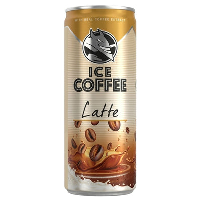Can of ice coffee latte with coffee bean graphics on a white background