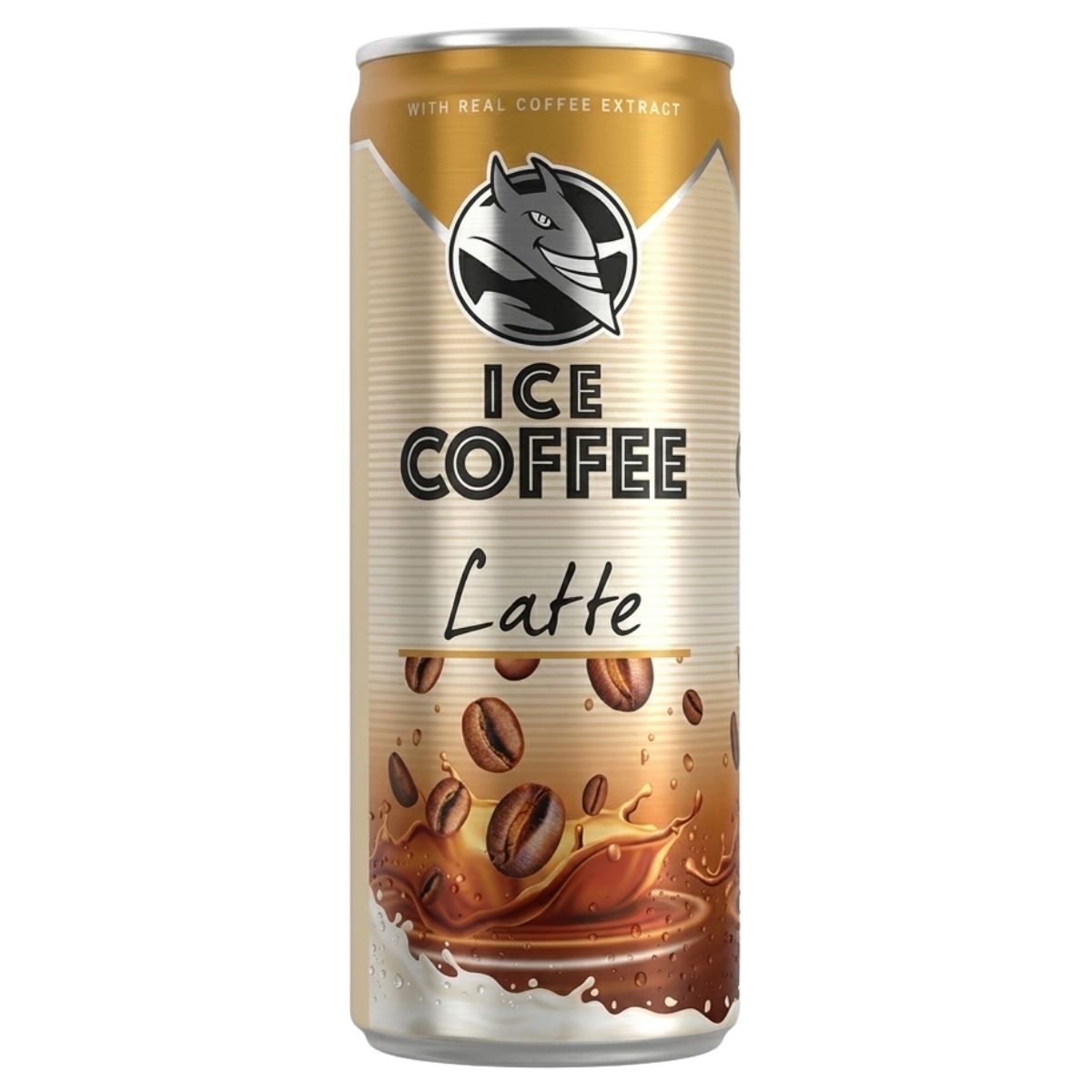 A tall, gold and silver can of “Hell - Latte Ice Coffee - 250ml” by Hell features coffee beans and a splash of coffee graphic on the front, making it the perfect canned coffee for anyone craving a refreshing latte drink on the go.