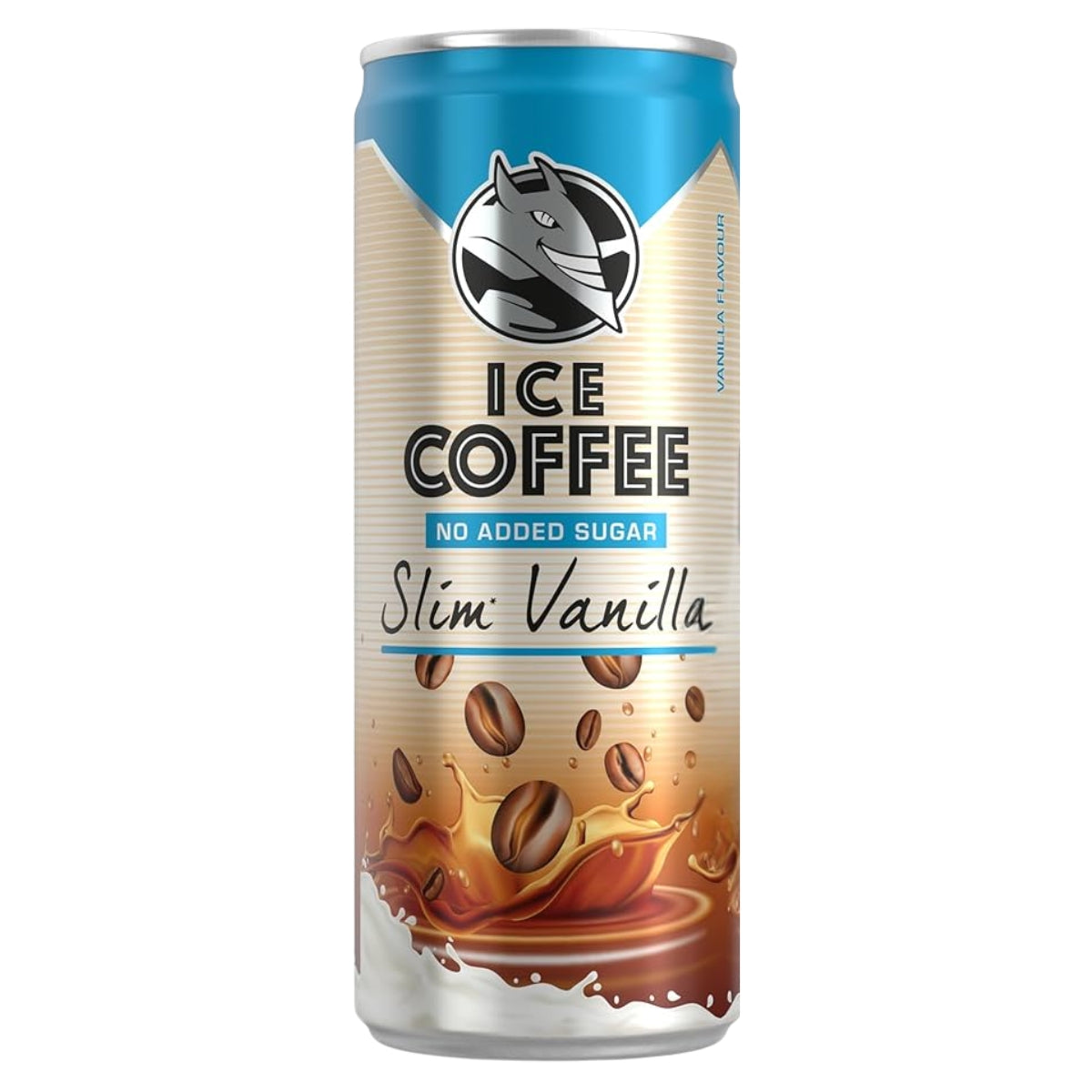 A single can of Ice Coffee Slim Vanilla coffee drink, featuring a metallic silver and blue label with coffee bean graphics and a vanilla splash design at the bottom, set against a plain white background.