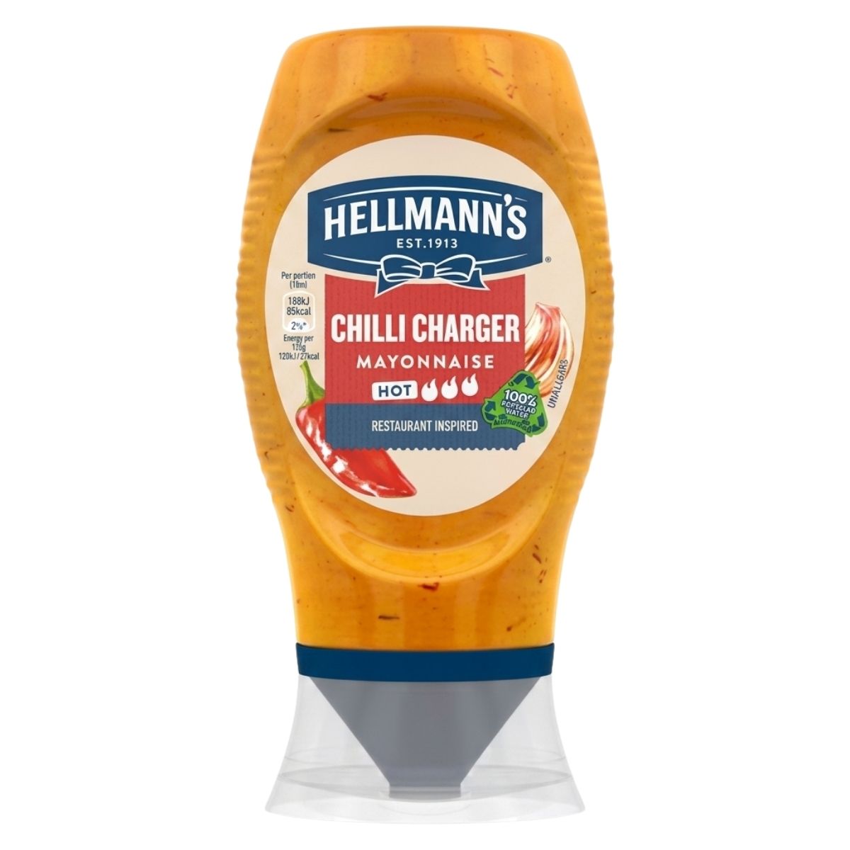A 250ml squeezable bottle of Hellmann's Chilli Charger Mayonnaise with a red label featuring chili pepper images.