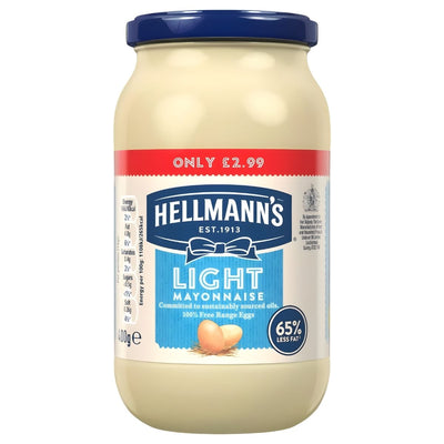 Hellmann's Light Mayonnaise Jar 400g, with a blue label and "65% less fat," is gluten free and low in calories. Price: £2.99.