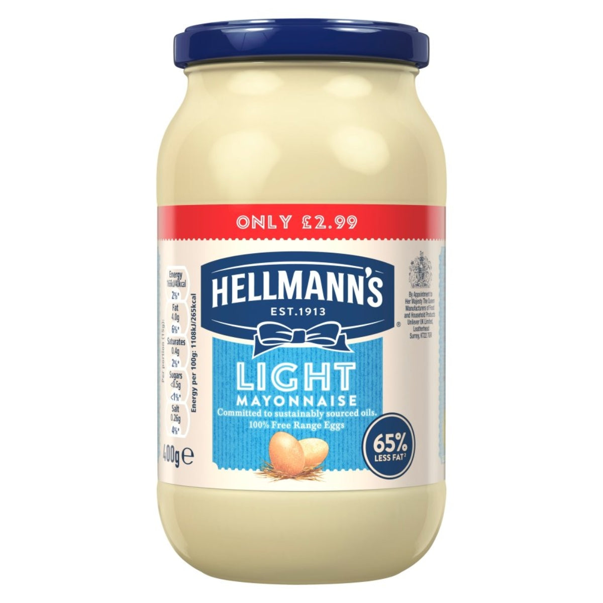 A Hellmann's - Light Mayonnaise Jar - 400g on a white background.