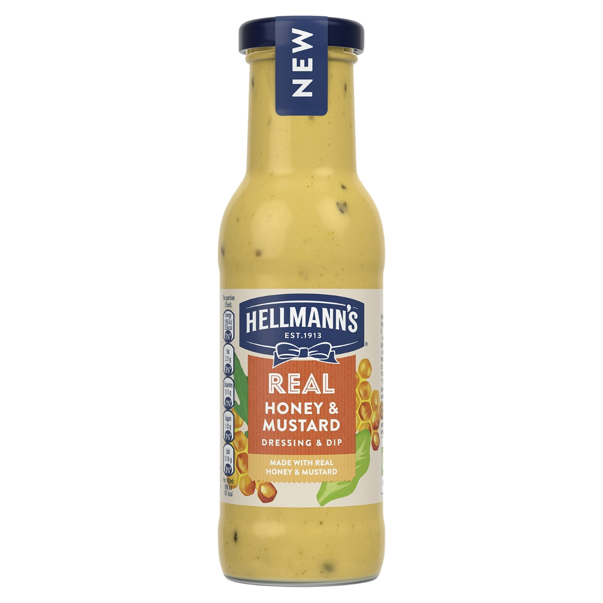 A bottle of Hellmann's Real Honey & Mustard Dressing & Dip, featuring a yellow mustard-based dressing inside, a white and blue label, and a dark blue cap with a 'NEW' tag.