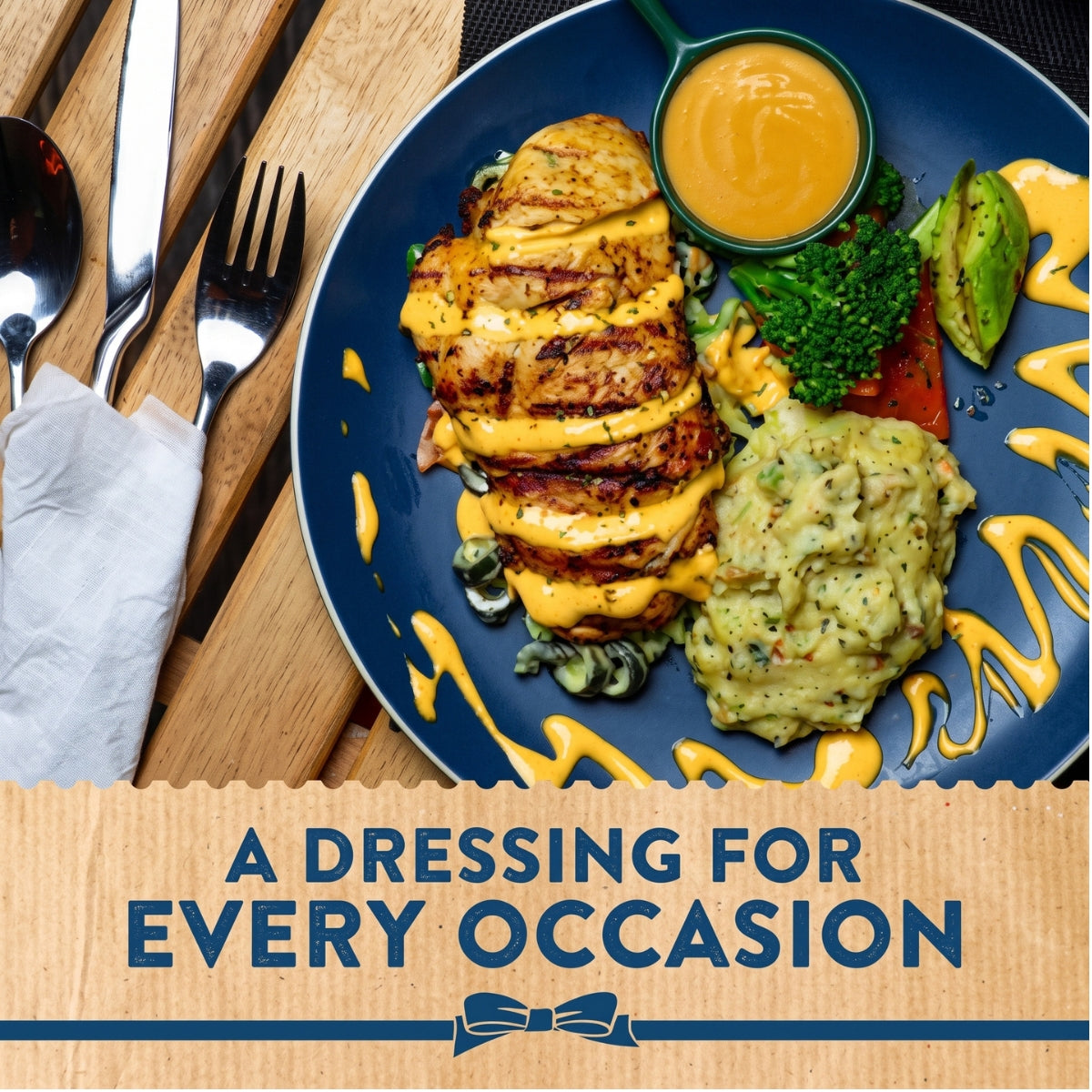 A plate with grilled chicken, mashed potatoes, broccoli, avocado, and Hellmann’s Real Honey & Mustard Salad Dressing & Dip Sauce—served with cutlery beside a napkin. Text below reads: “A Dressing for Every Occasion.”.