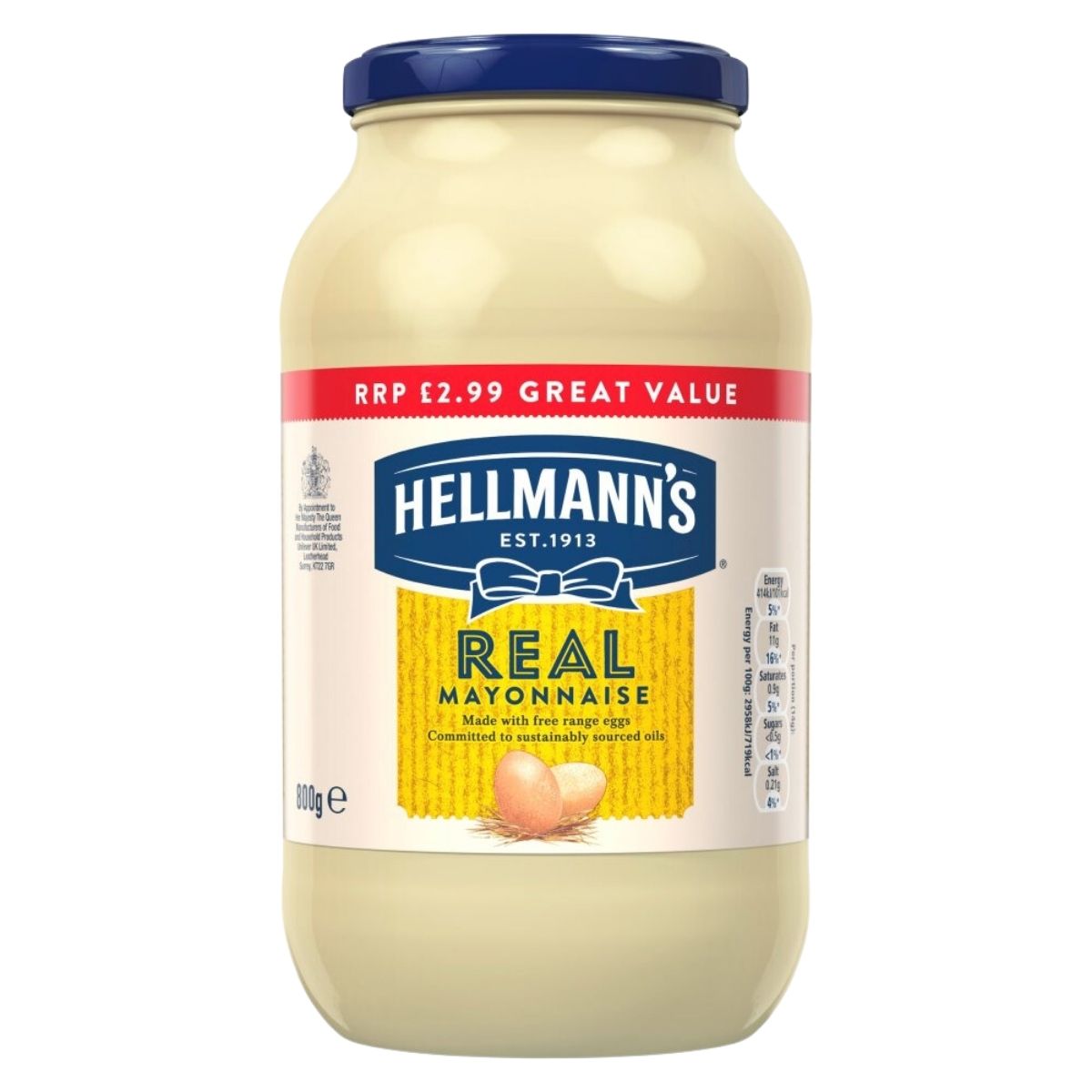 A Hellmann's Real Mayonnaise Jar, 800g, with a label indicating "RRP £2.99 Great Value," is made using free-range eggs to deliver a deliciously rich taste.