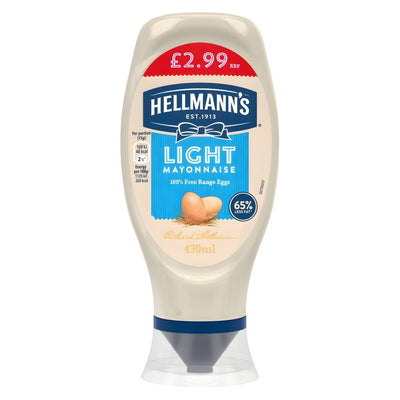 A 430ml Hellmanns Squeezy Light Mayonnaise bottle with blue and beige branding and a red £2.99 price label on top.