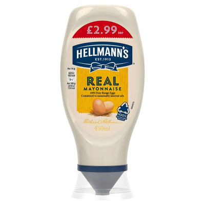 A 430ml bottle of Hellmanns Squeezy Mayonnaise Real, featuring a red £2.99 price label on top and product details on the front.