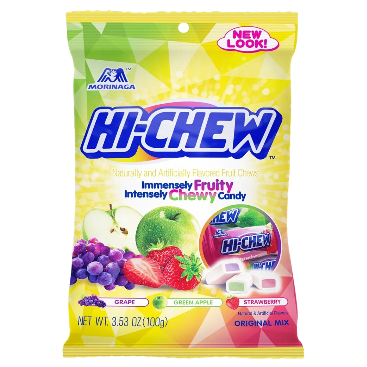 A 100g bag of Hi Chew - Original Mix Chewy Candy by Hi Chew, featuring images of grape, green apple, and strawberry on the packaging with a "New Look!" label at the top right. Made with fruit juice concentrate for an authentic fruity taste. Net weight: 3.53 oz (100g).