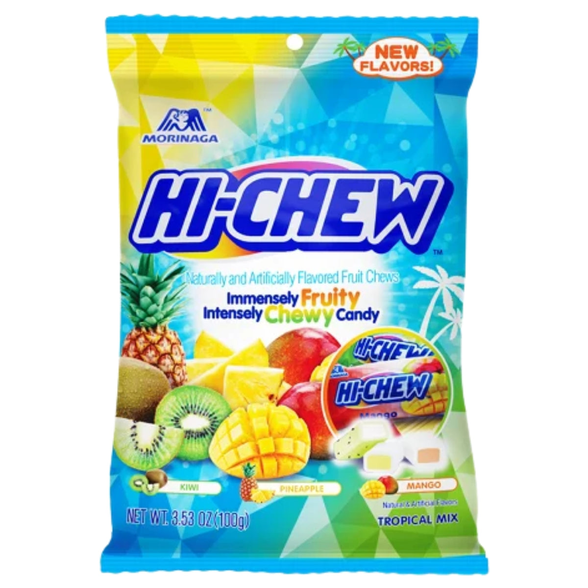 A 100g bag of Hi Chew - Tropical Mix Chewy Candy by Hi Chew, featuring vibrant blue and yellow packaging with images of kiwi, pineapple, and mango flavors—made with tasty mango puree.