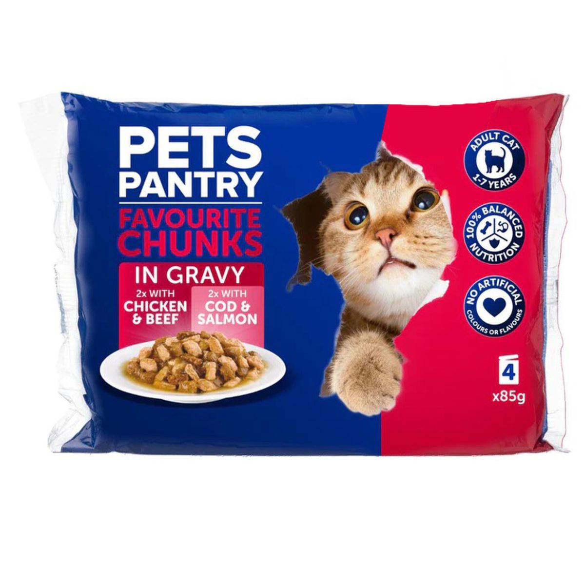 A bag of HiLife - Pets Pantry Wet Cat Food Chunks in Gravy Cheeky Chunky Choices - 4x85g.