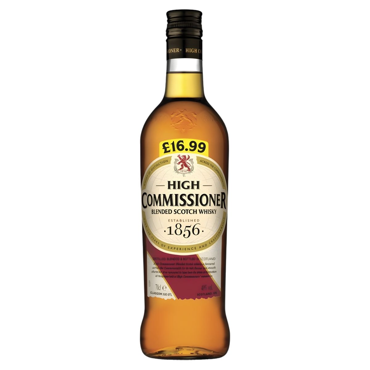 A 70cl bottle of High Commissioner Blended Scotch Whisky (40% ABV) featuring a yellow £16.99 price label on the neck.