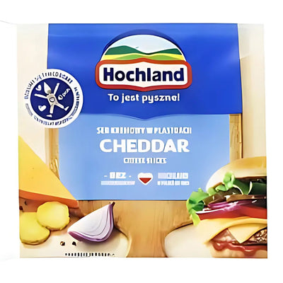 A 130g package of Hochland Cheddar Cheese Slices with images of cheese, onion, and a sandwich on the label.
