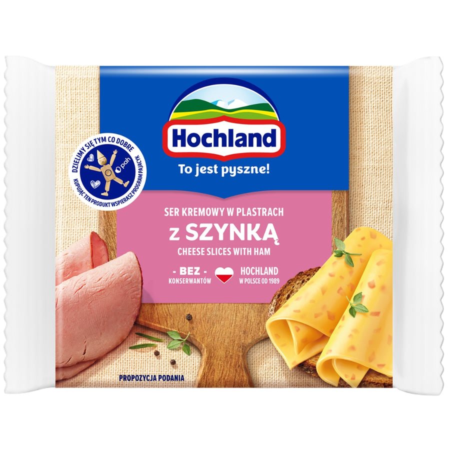 Hochland - Cheese Slices with Ham - 130g packaging displays processed cheese slices with ham and features product information in both Polish and English.