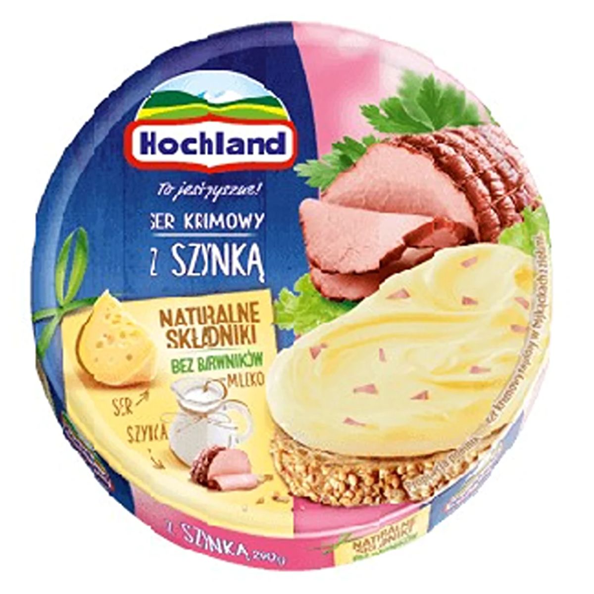Round Hochland - Cream Cheese with Ham - 180g packaging with images of sliced cheese, meat, and herbs.