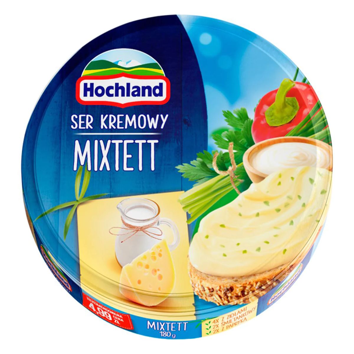 A round container of Hochland - Mixtett Cream Cheese - 180g with images of cheese slices, a bell pepper, a jug of milk, and a baguette.
