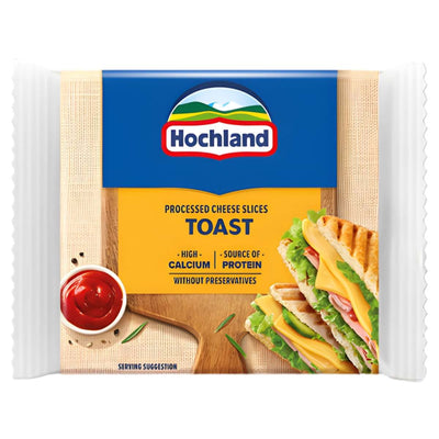 Hochland Toast Cheese Slices - 130g: Creamy cheese slices for delicious grilled sandwiches, with tempting melt images and key nutritional info featured on the pack front.