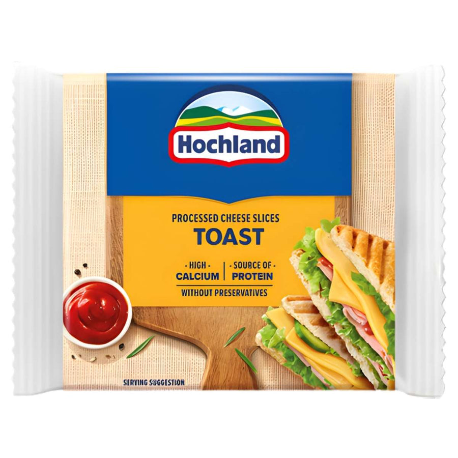 Hochland Toast Cheese Slices - 130g: Creamy cheese slices for delicious grilled sandwiches, with tempting melt images and key nutritional info featured on the pack front.