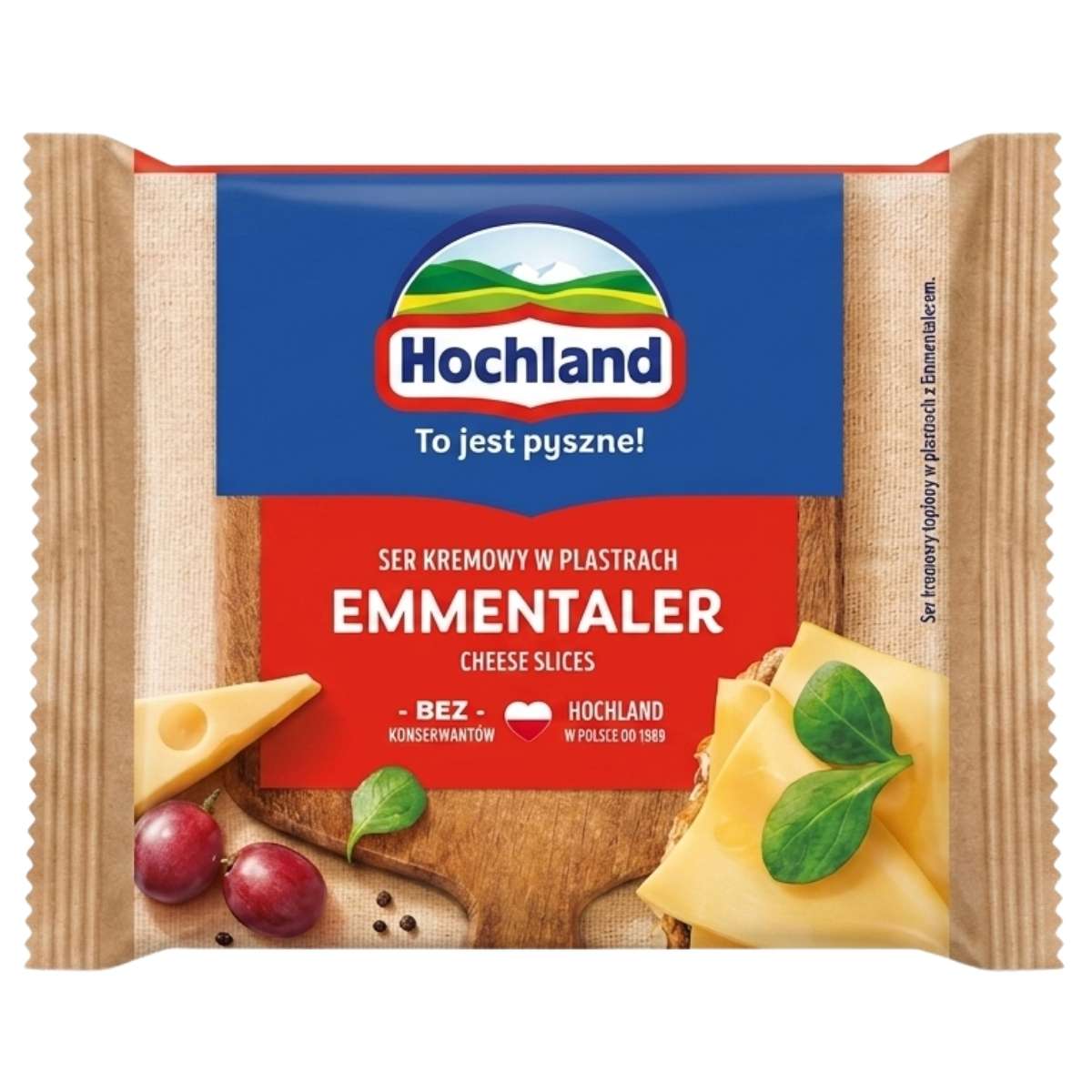 Hochland - Toast Emmentaler Cheese Slices 130g in Polish packaging, featuring images of cheese, grapes, and a basil leaf—ideal for toasted sandwiches.
