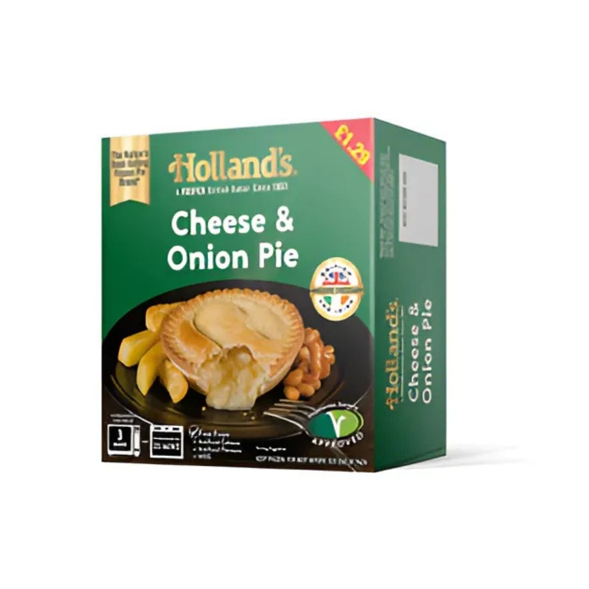 Box of Holland's Cheese & Onion Pie (190g), featuring an image of the savoury pie served with chips and beans, all for just £1.20.