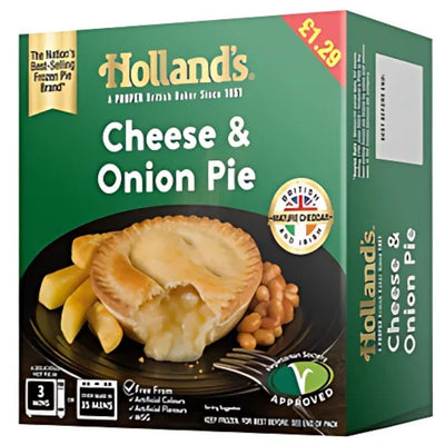 Enjoy Holland's Cheese & Onion Pie (190g), a classic vegetarian savoury pie from Holland's, ideal for a comforting British meal. Priced at £1.29, it's shown served with chips and baked beans.