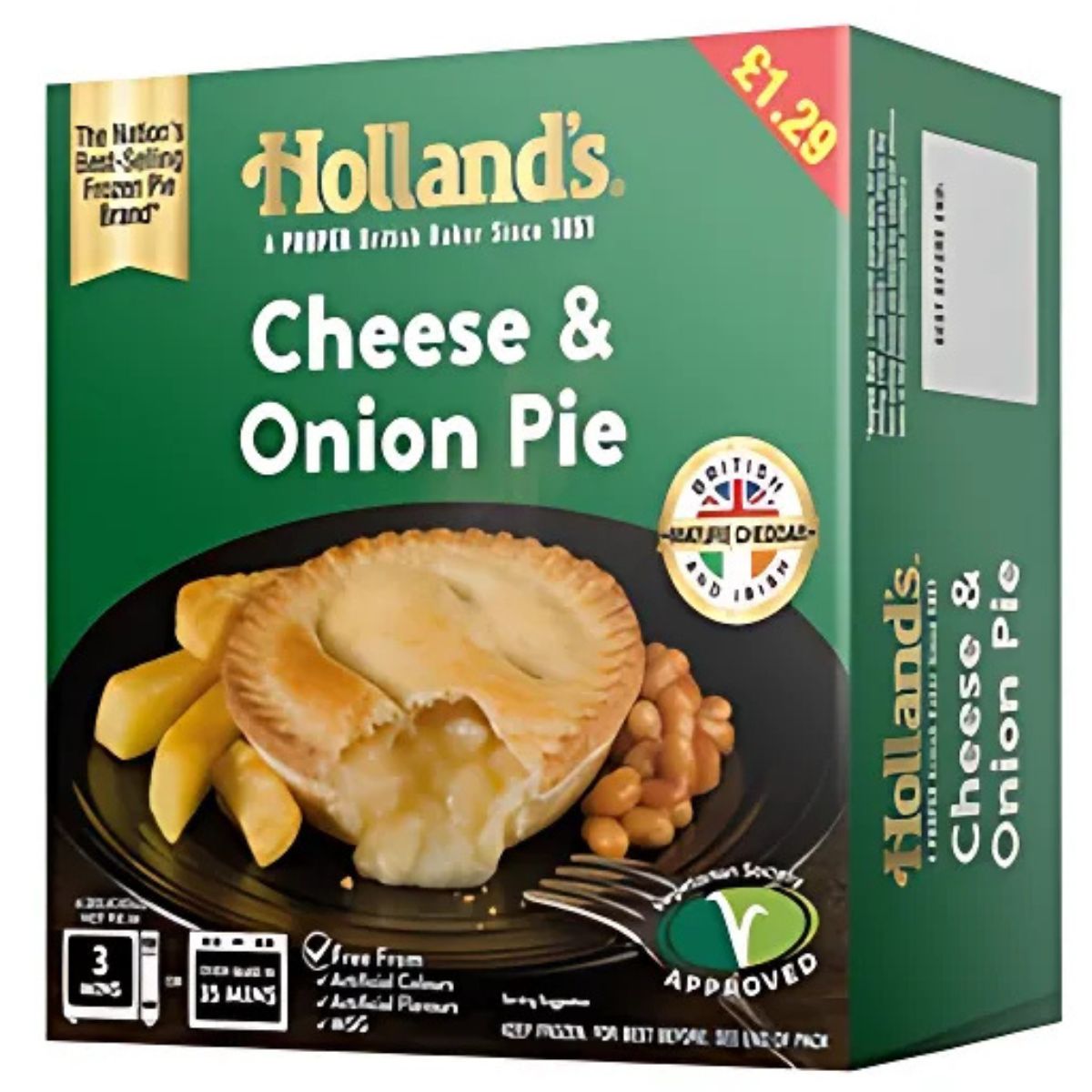 Holland's - Cheese & Onion Pie - 190g is a classic vegetarian savoury pie, served with chips and beans, oven or microwave ready, priced at £1.29.