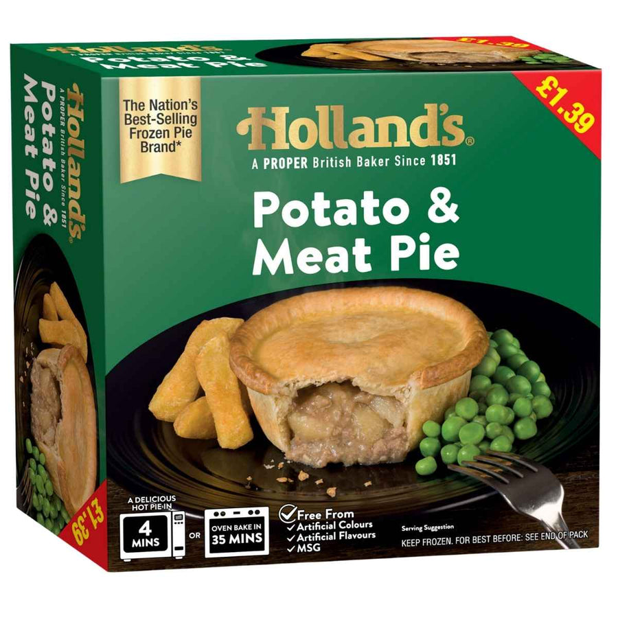 Holland's - Potato & Meat Pie 190g box shows a hearty pie with filling, peas, and fries. Packaging features price, cooking time, and notes it contains no artificial ingredients.