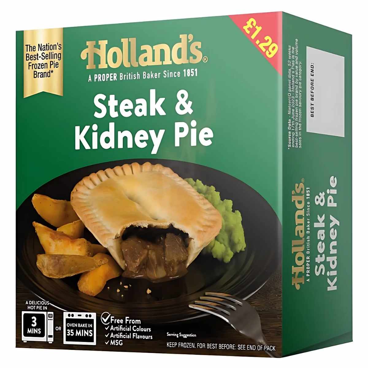 Box of Holland's - Steak & Kidney Pie - 190g, a classic British dish featuring pie with gravy served alongside potato wedges and peas, priced at £1.29.