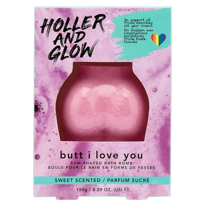 The Holler And Glow Bum-Shaped Bath Bomb (150g) features sweet scent and playful "butt i love you" packaging, supporting art charities and celebrating body positivity.