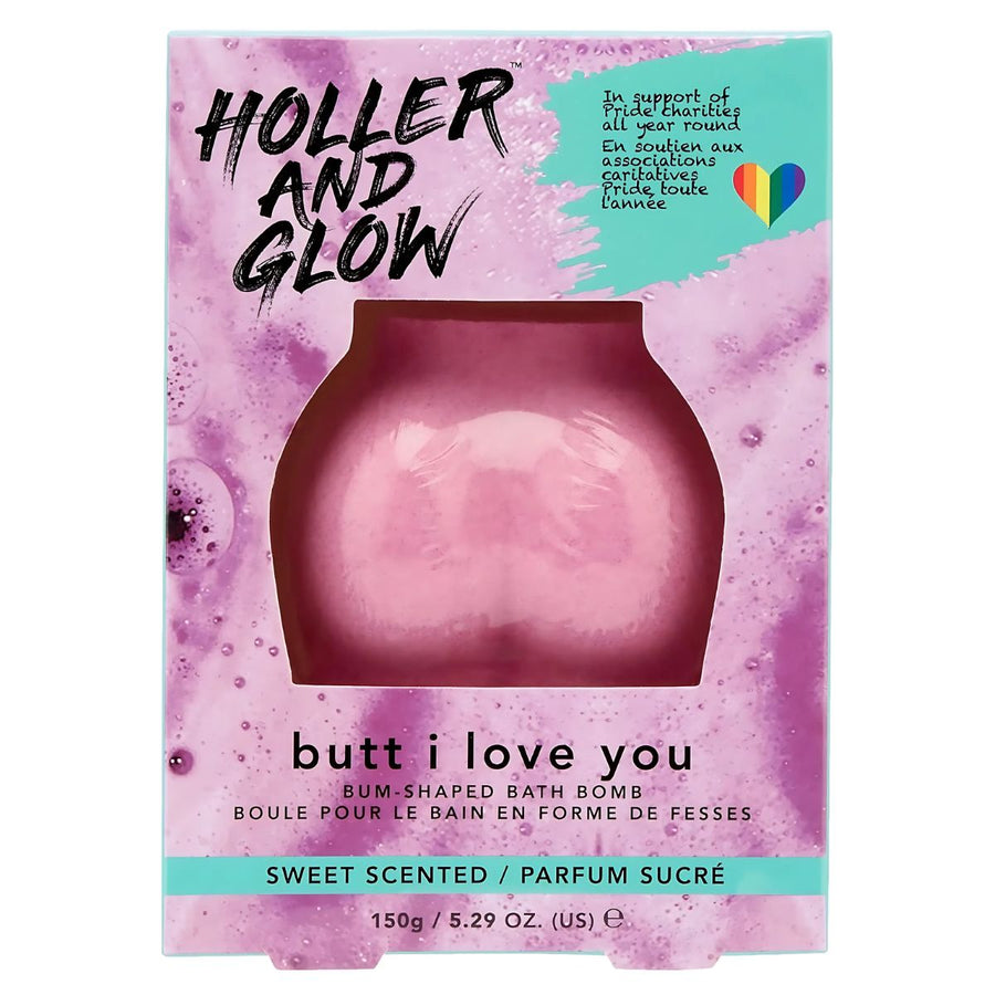 The Holler And Glow Bum-Shaped Bath Bomb (150g) features sweet scent and playful "butt i love you" packaging, supporting art charities and celebrating body positivity.