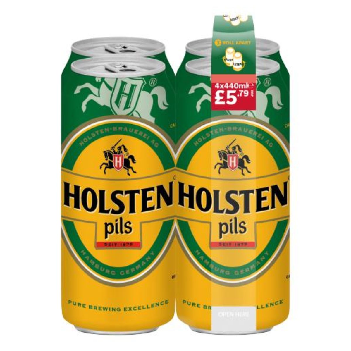 Three cans of Holsten Pils - Lager Beer (5% ABV) - 4 x 440ml on a white background.