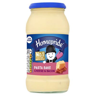 A 485g jar of Homepride Cheese & Bacon Pasta Bake sauce with a blue lid and label, featuring an illustrated character holding a pink oven mitt—ideal for making creamy cheese and bacon pasta bakes.
