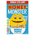 The front of the Honey Monster - Wheat Puffs - 520g cereal box features the yellow Honey Monster, product name, price, and health icons on a blue background, highlighting this fortified breakfast cereal.
