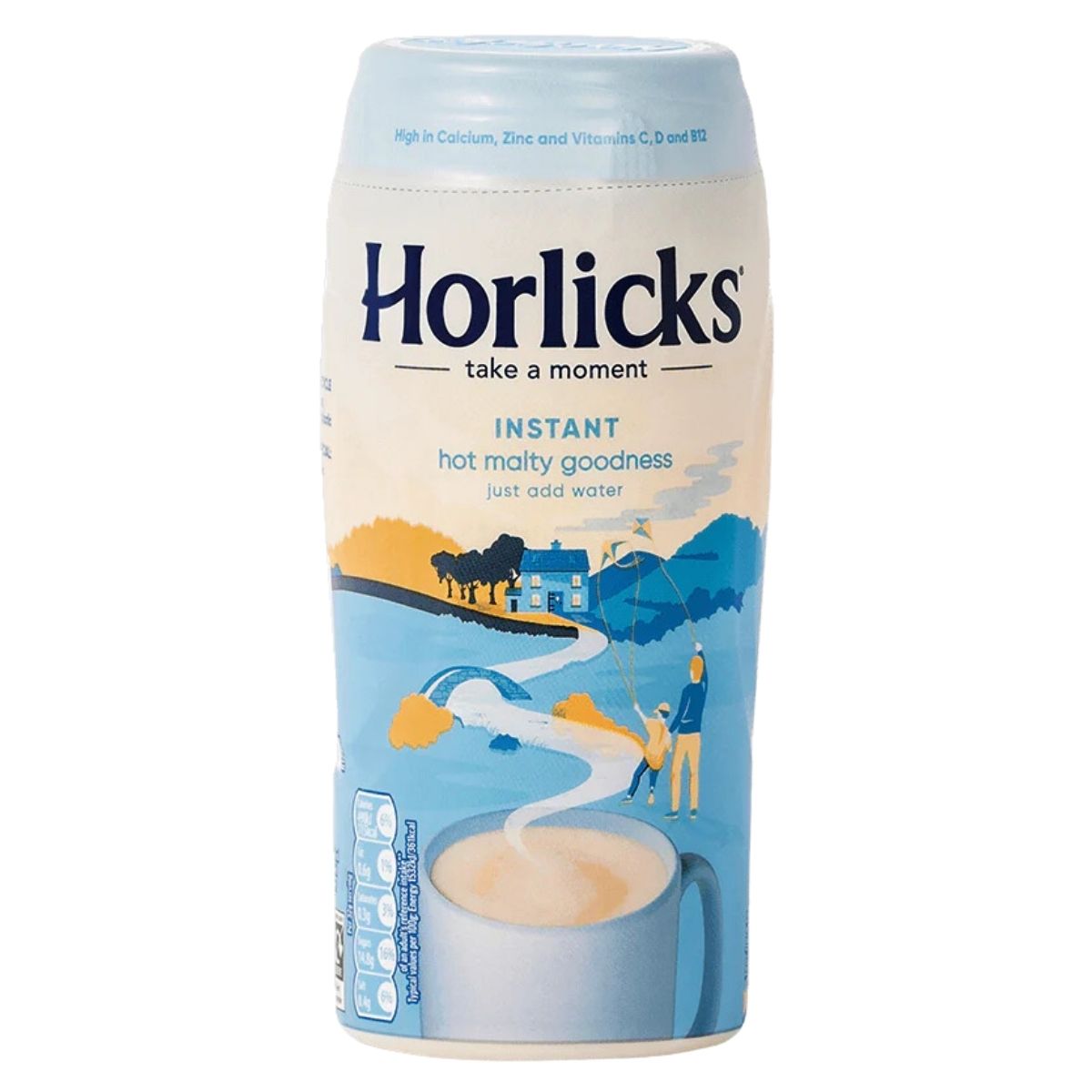 The 400g Horlick's Instant Malted Drink features a blue and beige design, highlighting a steaming cup of malt with countryside scenery. Enriched with malted barley, it offers an energy boost to revitalize your day.