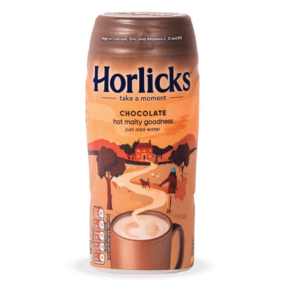A 270g container of Horlicks - Chocolate Malt, featuring an illustration of a countryside scene and a cup of the chocolate malt beverage on the front label.