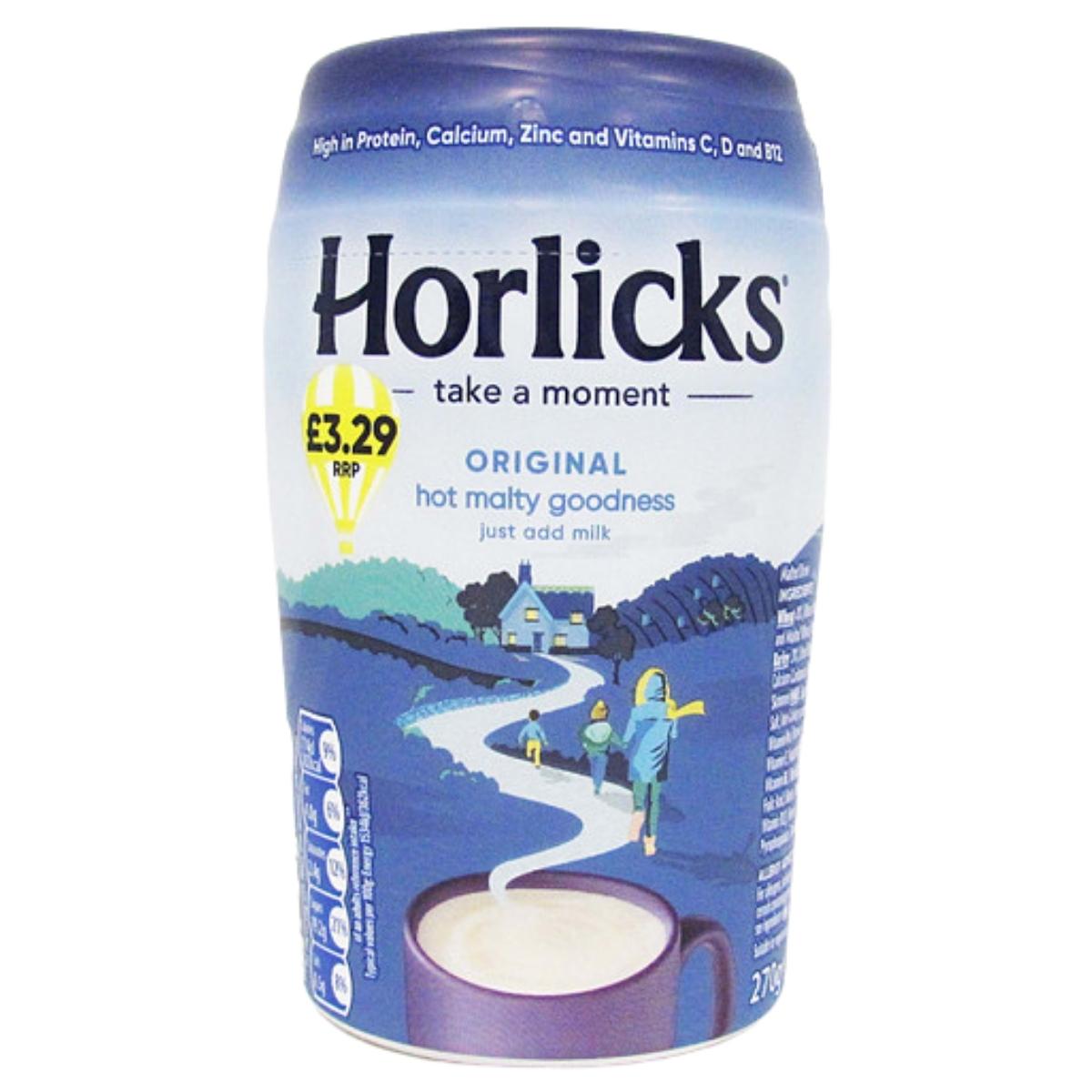 A 270g container of Horlicks Original Hot Malted Drink by Horlicks, showing countryside artwork, key nutrition info, and priced at £3.29.