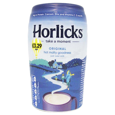 A 270g container of Horlicks Original Hot Malted Drink by Horlicks, showing countryside artwork, key nutrition info, and priced at £3.29.