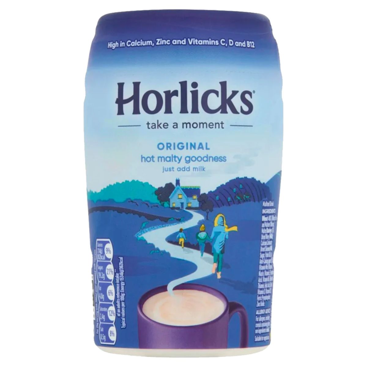 The Horlicks - Original Hot Malted Drink - 270g container, adorned in blue with a countryside illustration, features a steaming cup of the beverage. The packaging highlights its creamy and delicious taste while emphasizing nutritional benefits such as calcium, zinc, and vitamins C, D, and B12.