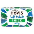 An 800g loaf of Hovis Soft White Thick Bread by Hovis, featuring blue, green, and white packaging with the brand logo and product details on the front.