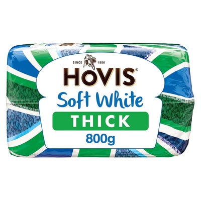 An 800g loaf of Hovis Soft White Thick Bread by Hovis, featuring blue, green, and white packaging with the brand logo and product details on the front.