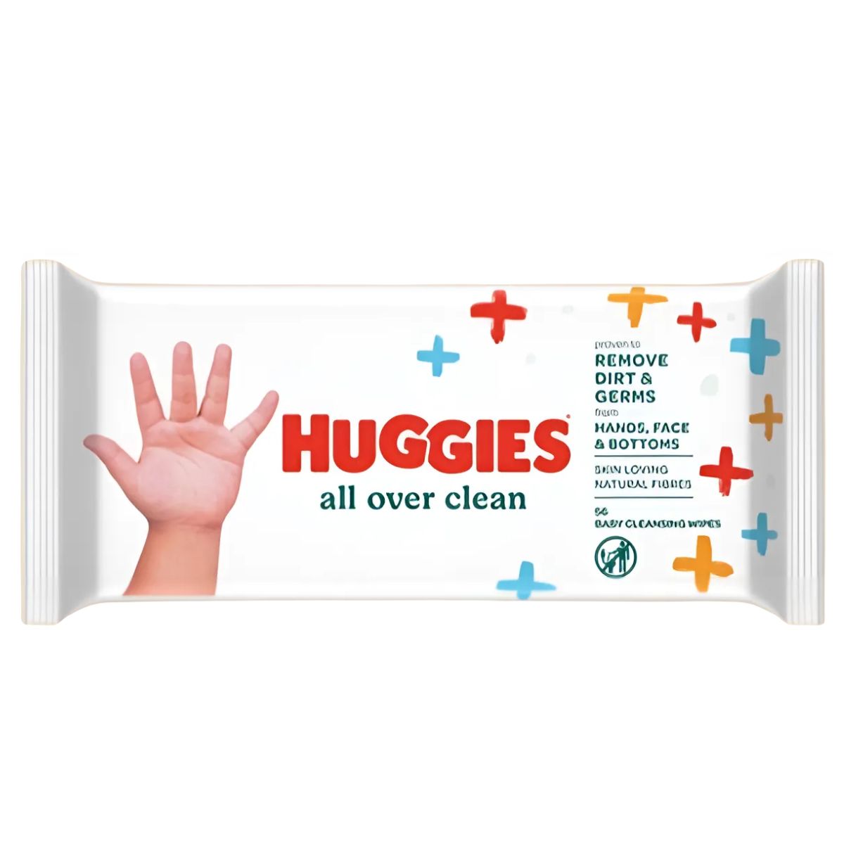 A pack of Huggies - All Over Clean Baby Wipes (56pcs) features a child's hand and colorful plus signs on a white background—ideal for everyday baby hygiene.